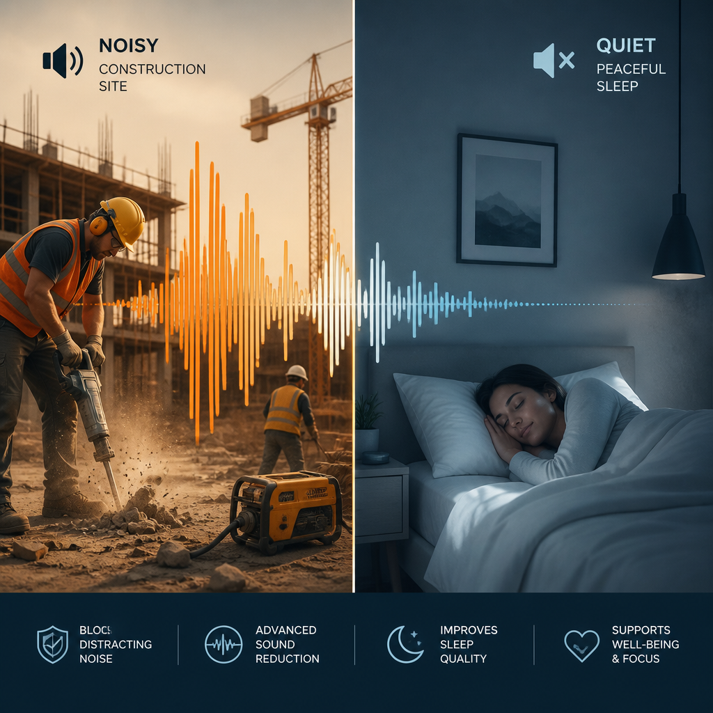 Contrasting scenarios: peaceful sleep environment and active construction workplace requiring different hearing protection