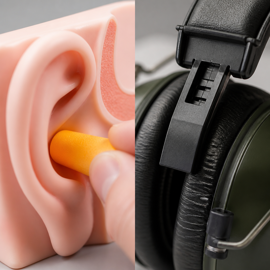 Detailed comparison of ear plug insertion and earmuff fit mechanics on anatomical reference