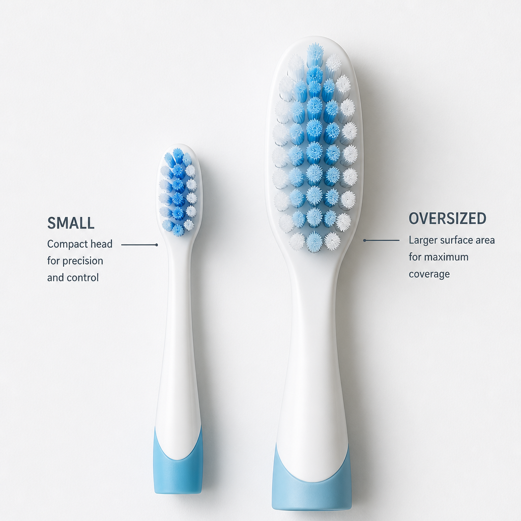 Comparison layout of small and large toothbrush heads side by side