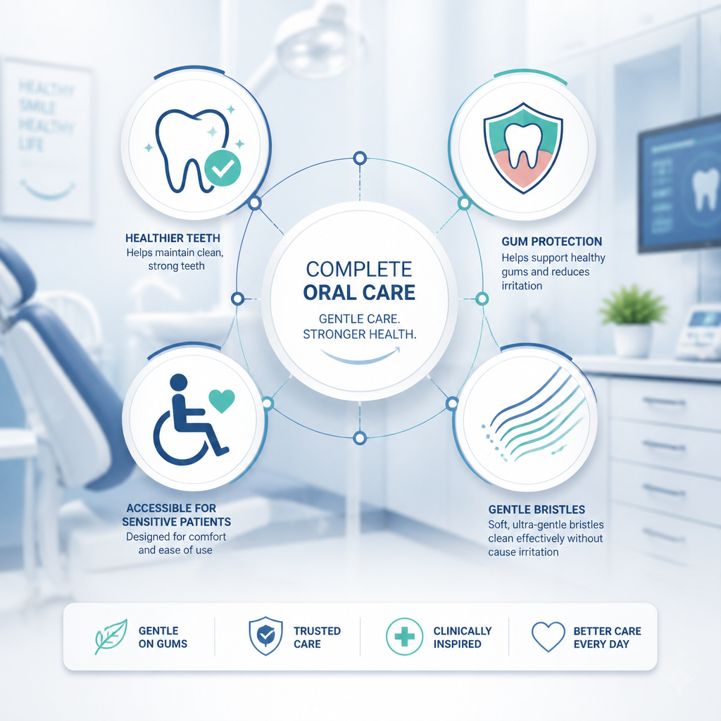 Abstract infographic depicting oral health benefits of proper toothbrush selection