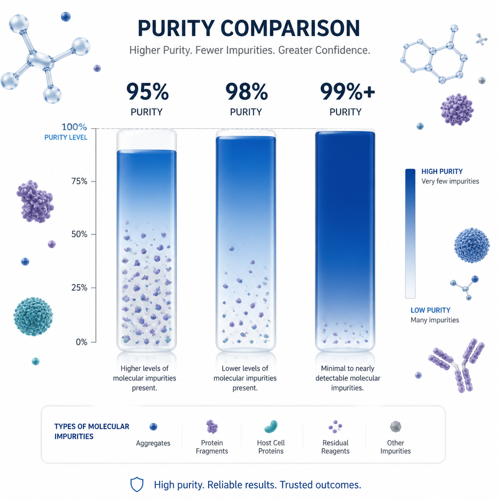 Comparison visualization of peptide purity levels at 95%, 98%, and 99%+ specifications