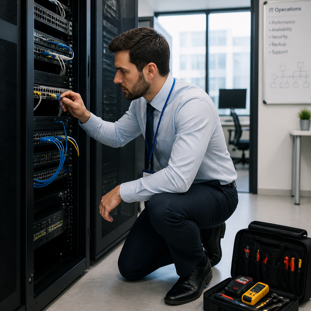 IT-tekniker undersøger serverudstyr på stedet i kontor