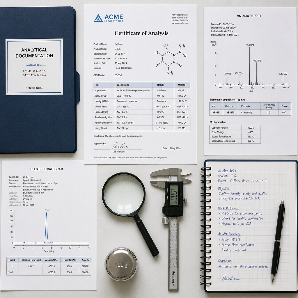Laboratory documentation and COA materials arranged for peptide purity verification