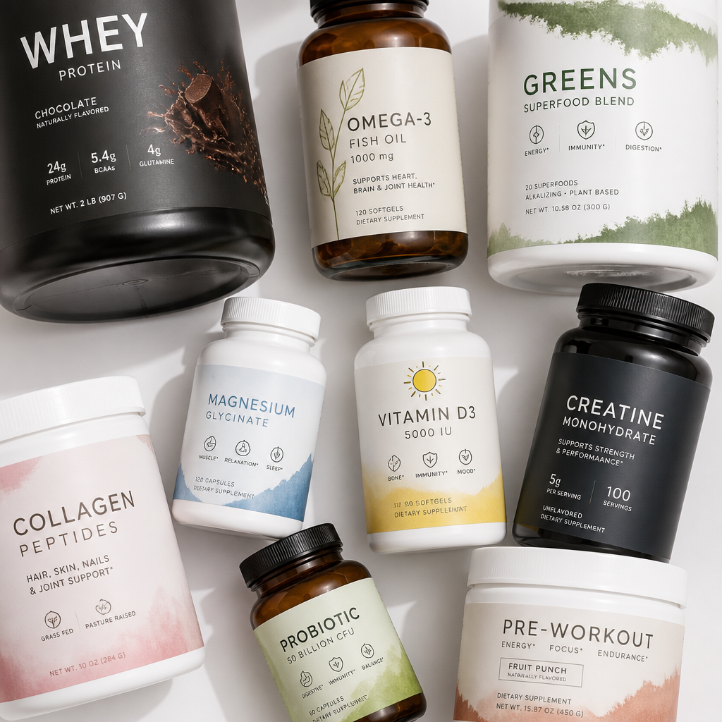 Supplement bottles and powders arranged to show different label claims