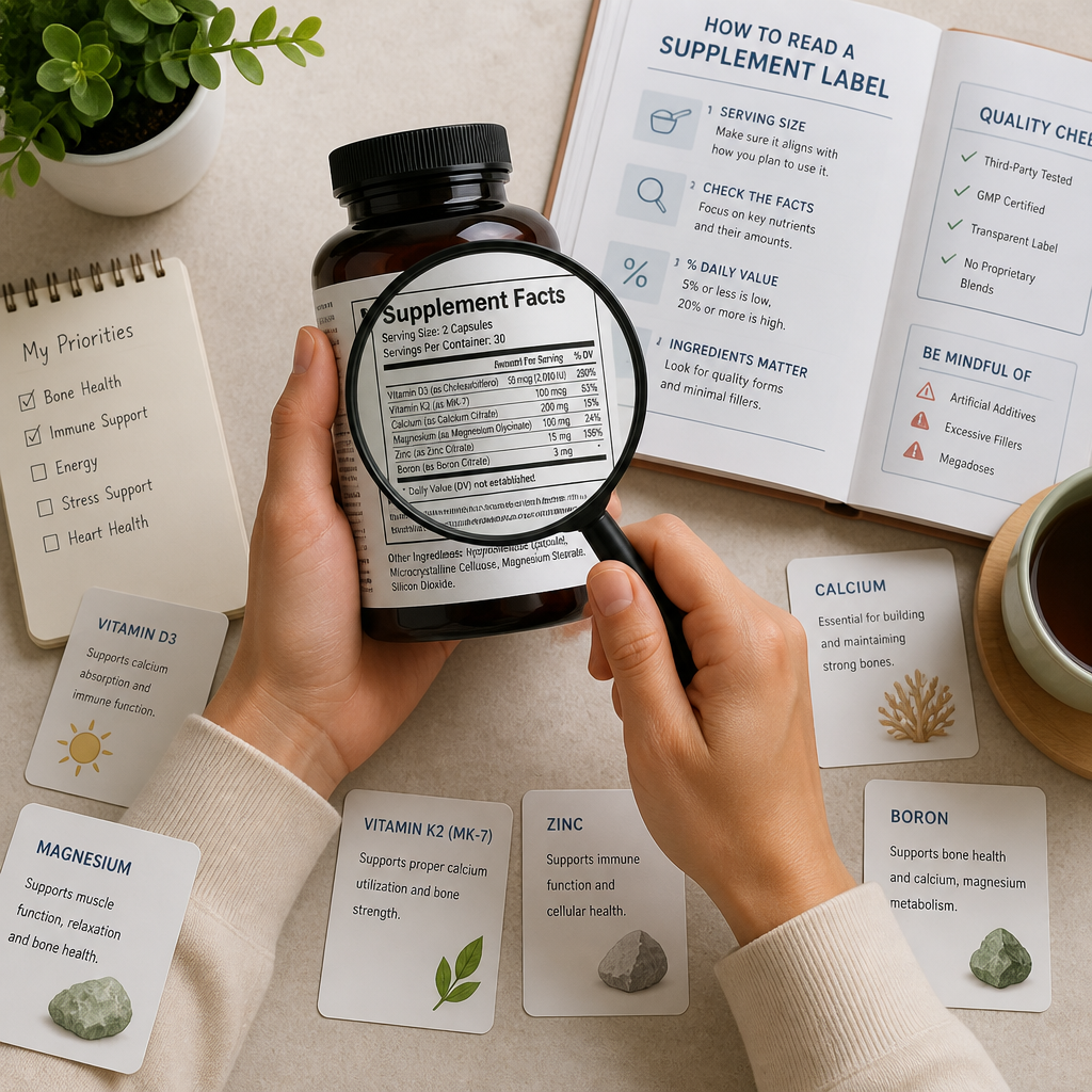 Close examination of supplement label details during product research and comparison