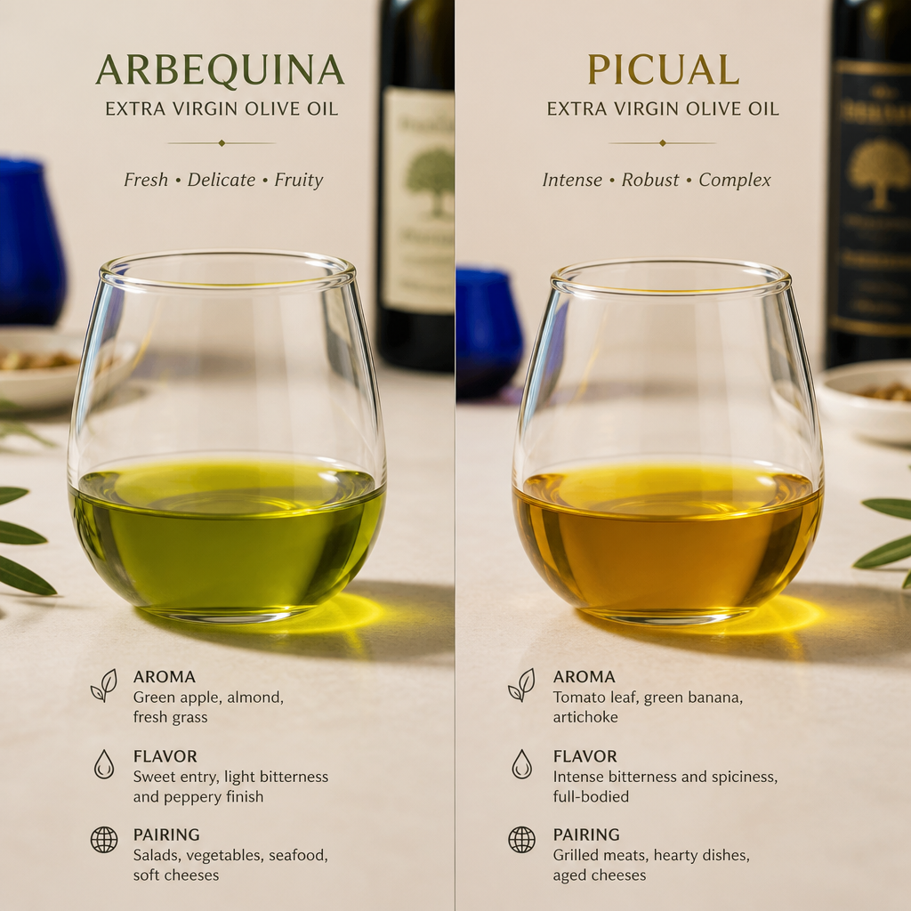 Comparación visual entre aceites Arbequina y Picual en copas de cata