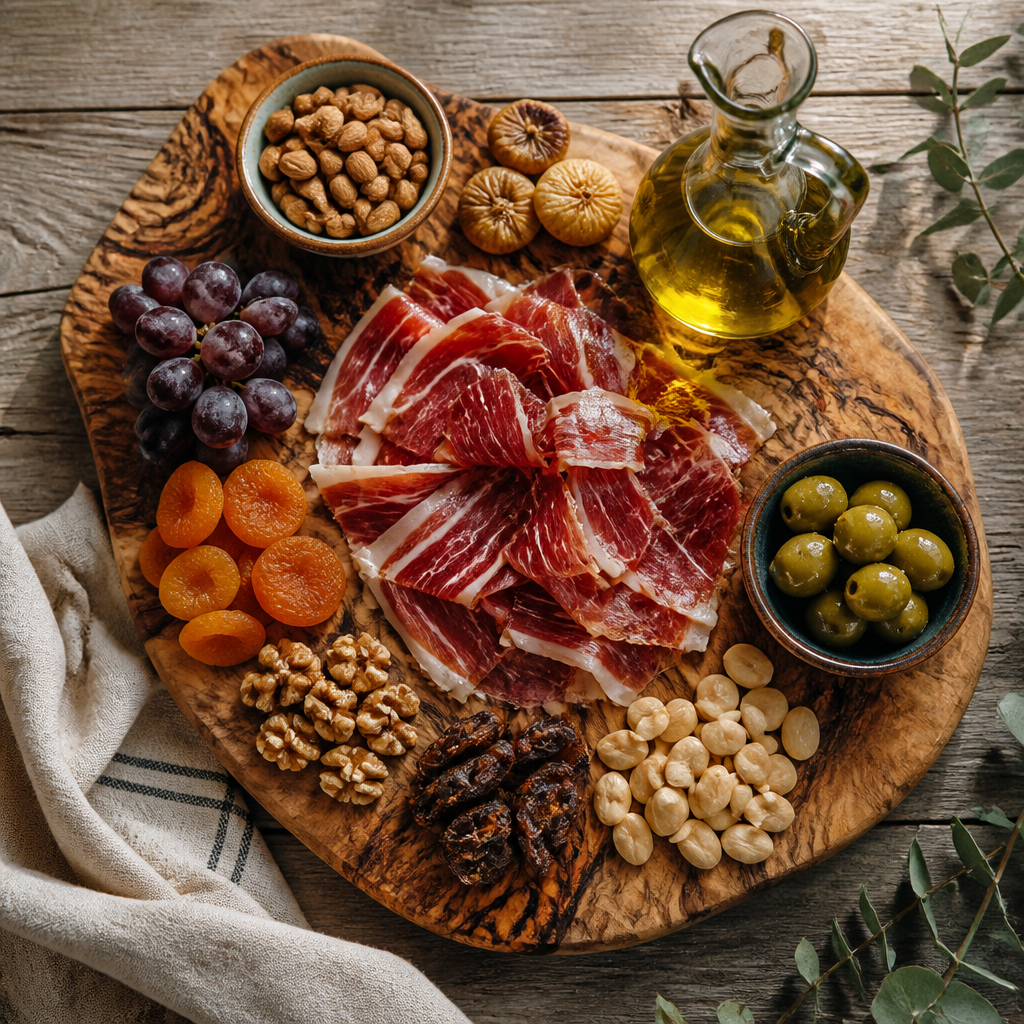 Tabla de quesos y jamón ibérico acompañada de aceite de oliva virgen extra en ambiente natural