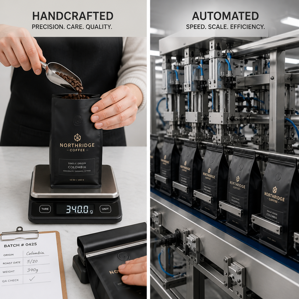 Visual comparison between manual hand-packing and automated industrial coffee packaging processes