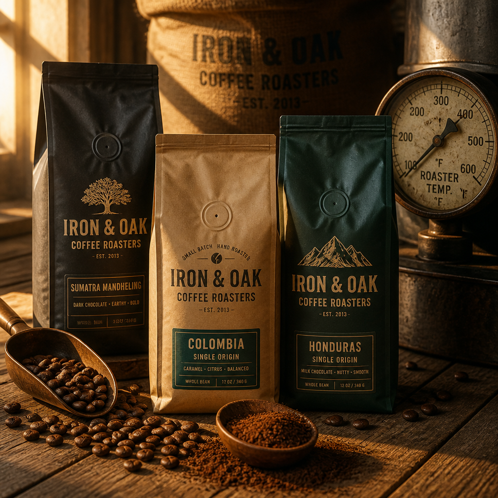 Freshly hand-packed coffee bags with one-way valves displayed with roasting tools and beans in heritage roastery setting