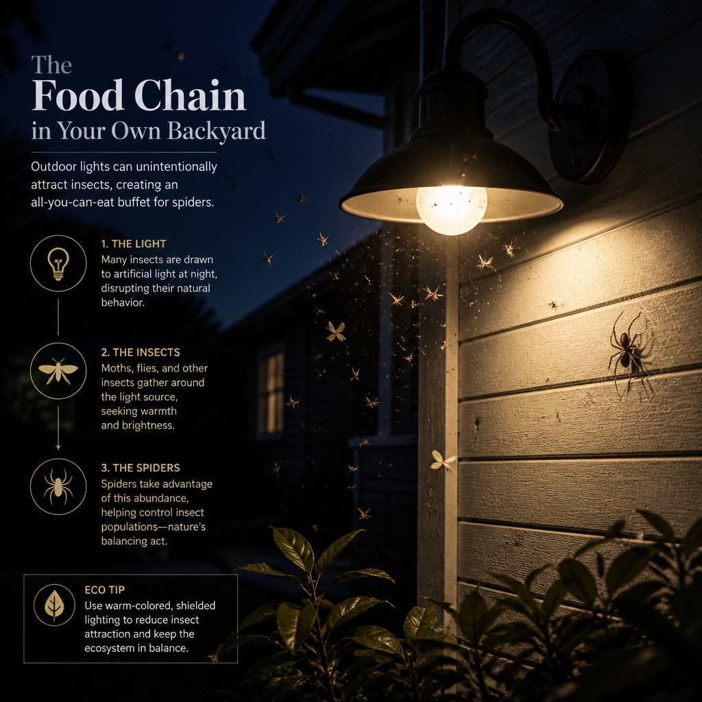 Outdoor lighting at night attracting flying insects to home exterior