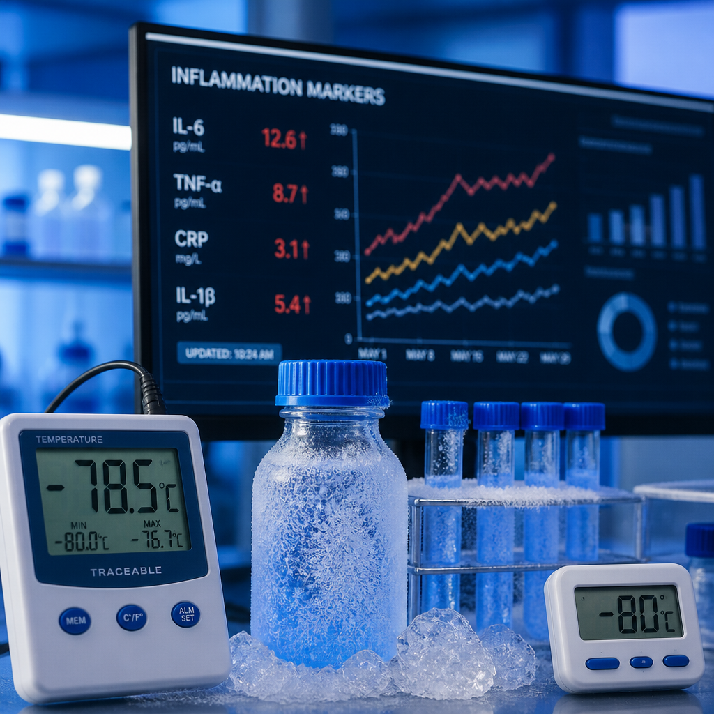 Laboratório científico com equipamento de monitorização de temperatura e gráficos de marcadores de inflamação