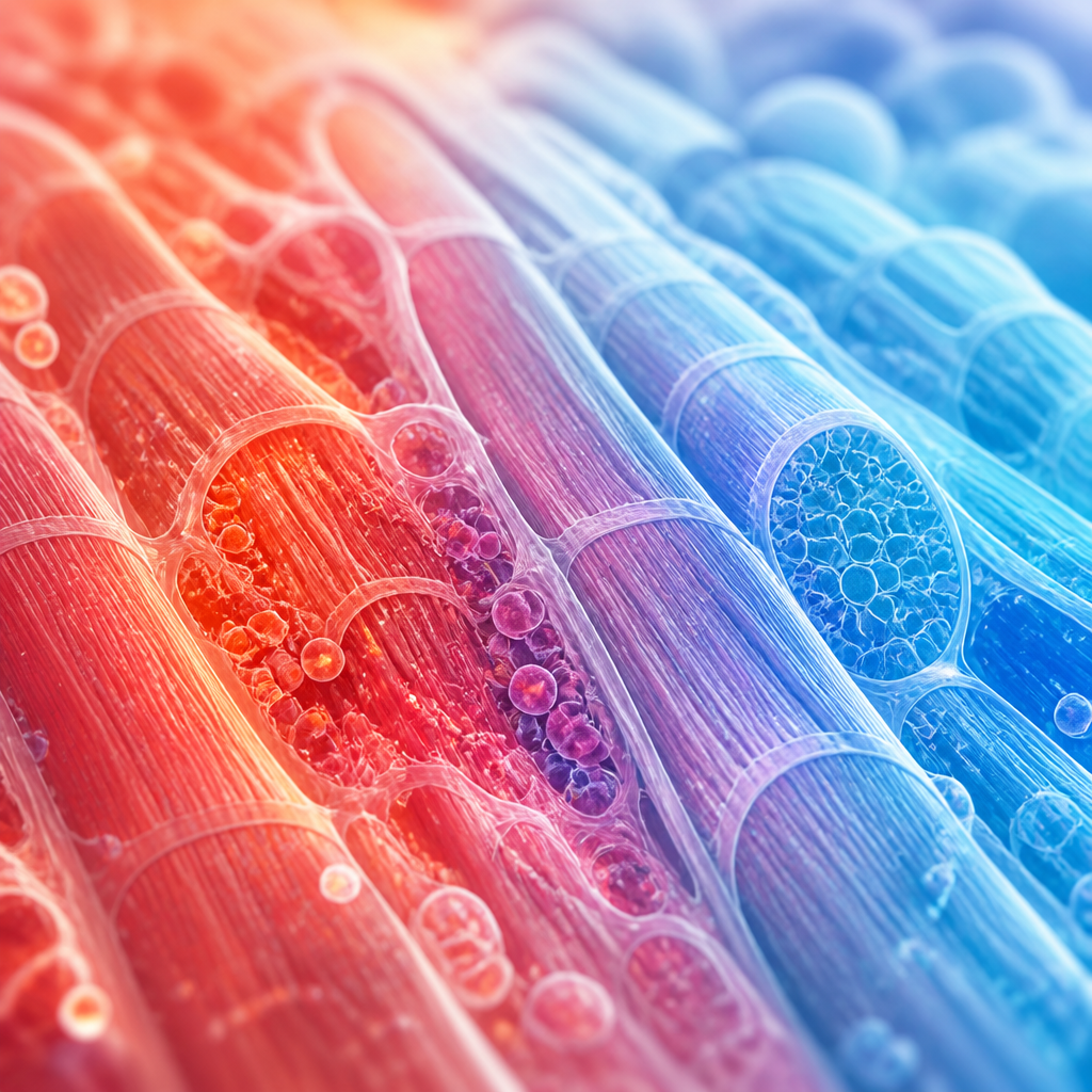 Estrutura de tecido muscular com visualização abstrata de processos de inflamação e recuperação