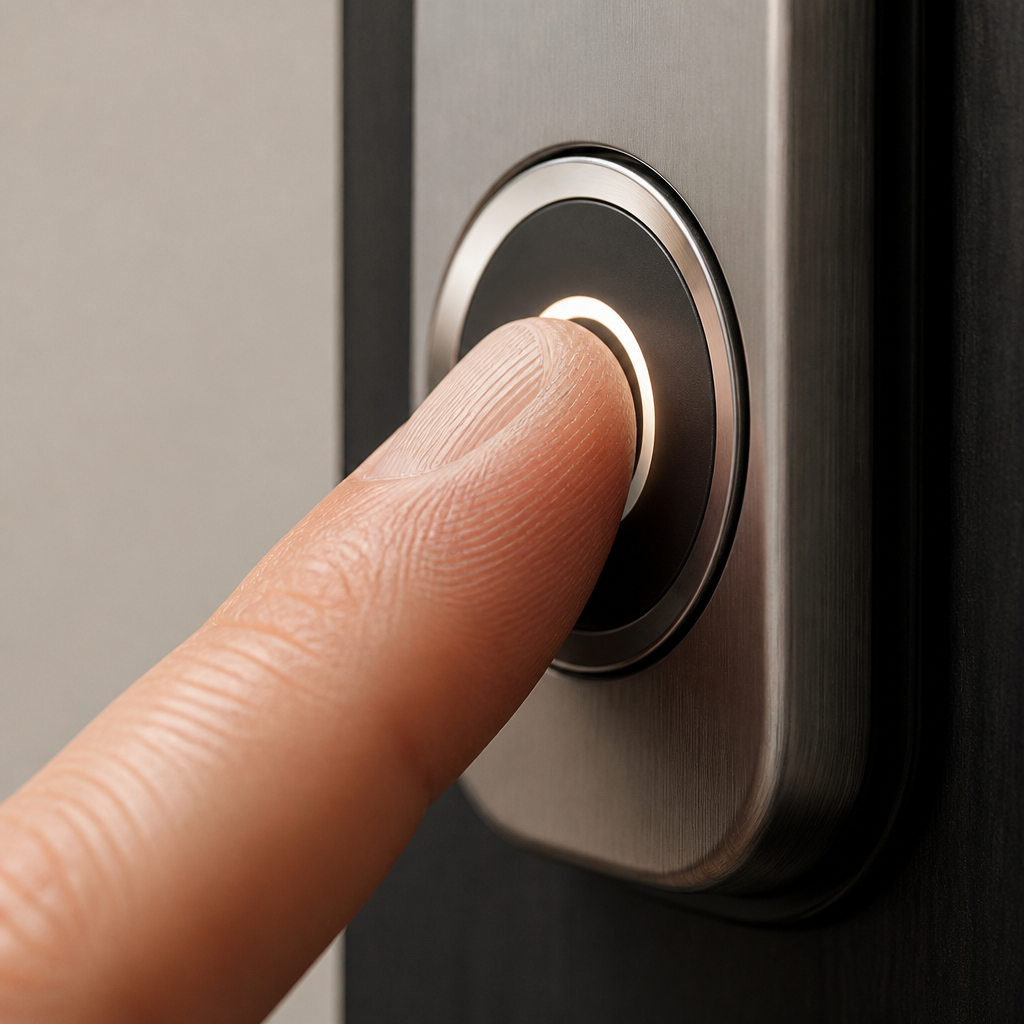 Fingertip scanning a biometric door lock sensor