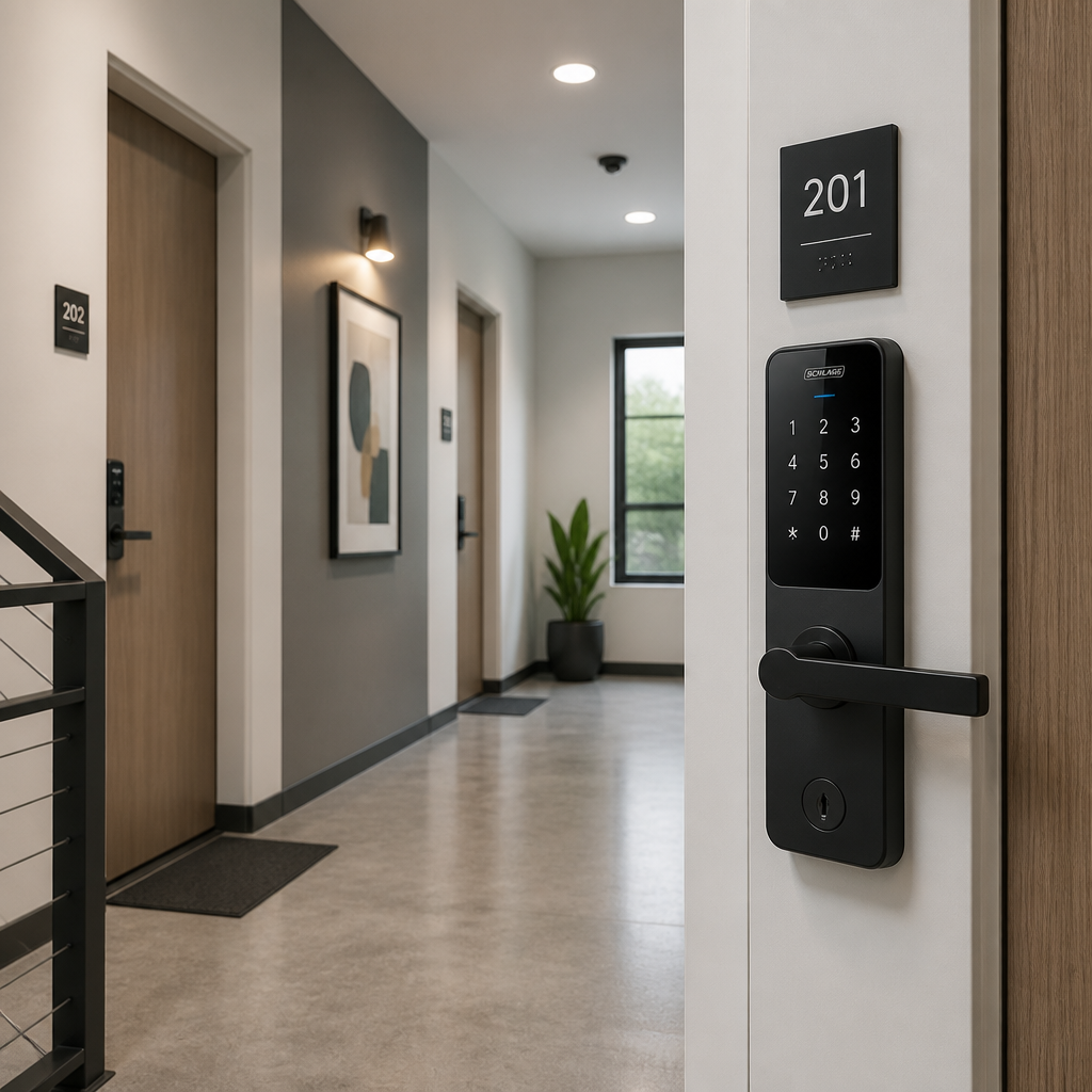 Modern apartment building entryway with biometric door lock installation