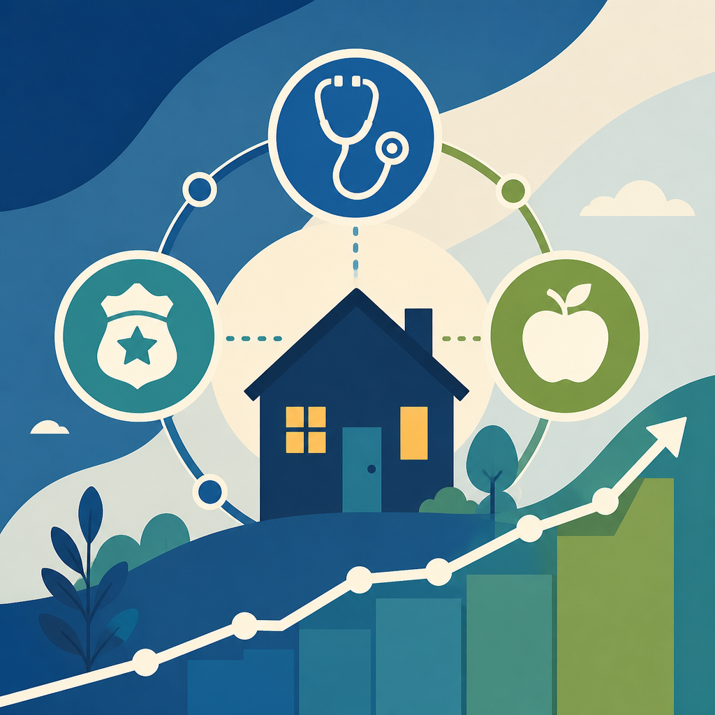 Abstract icon composition representing NHS, police, and teacher professions connected to homeownership and financial growth