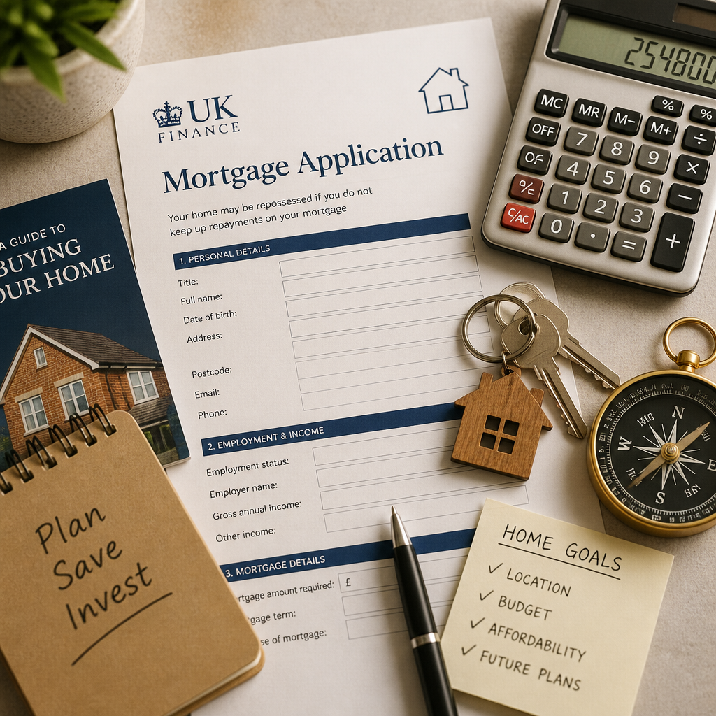 Flat lay arrangement of mortgage documents, keys, calculator, and financial planning tools on neutral surface