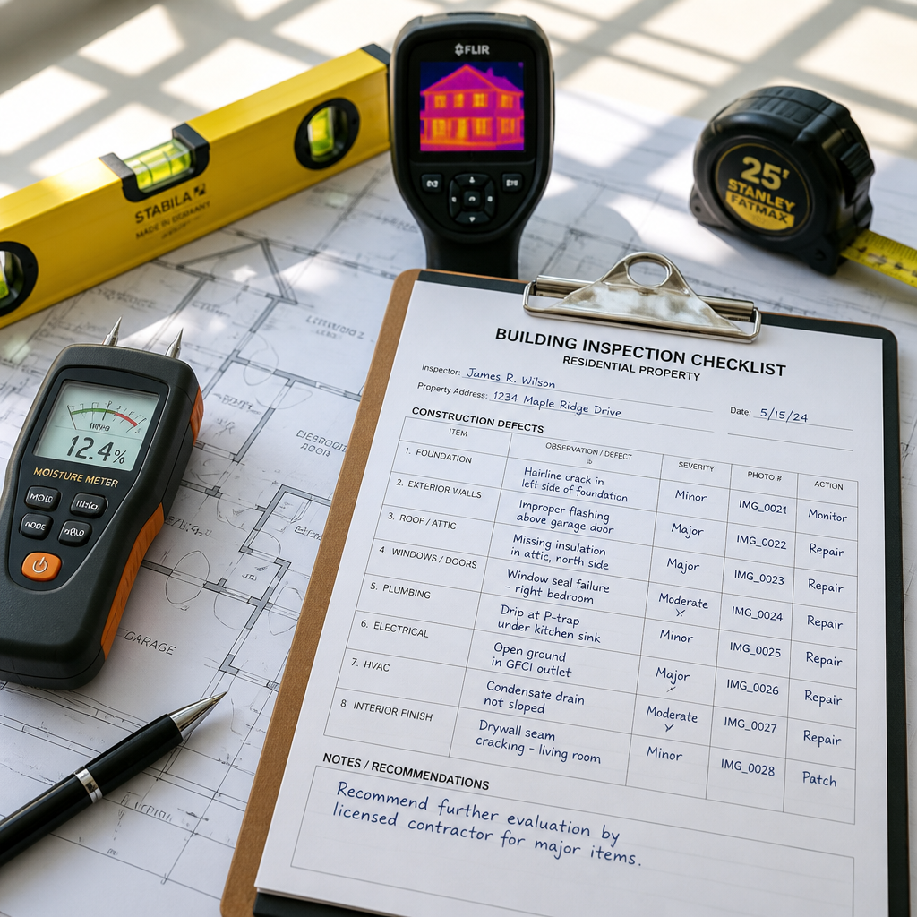 Inspector's clipboard with construction defect checklist and inspection tools on blueprints