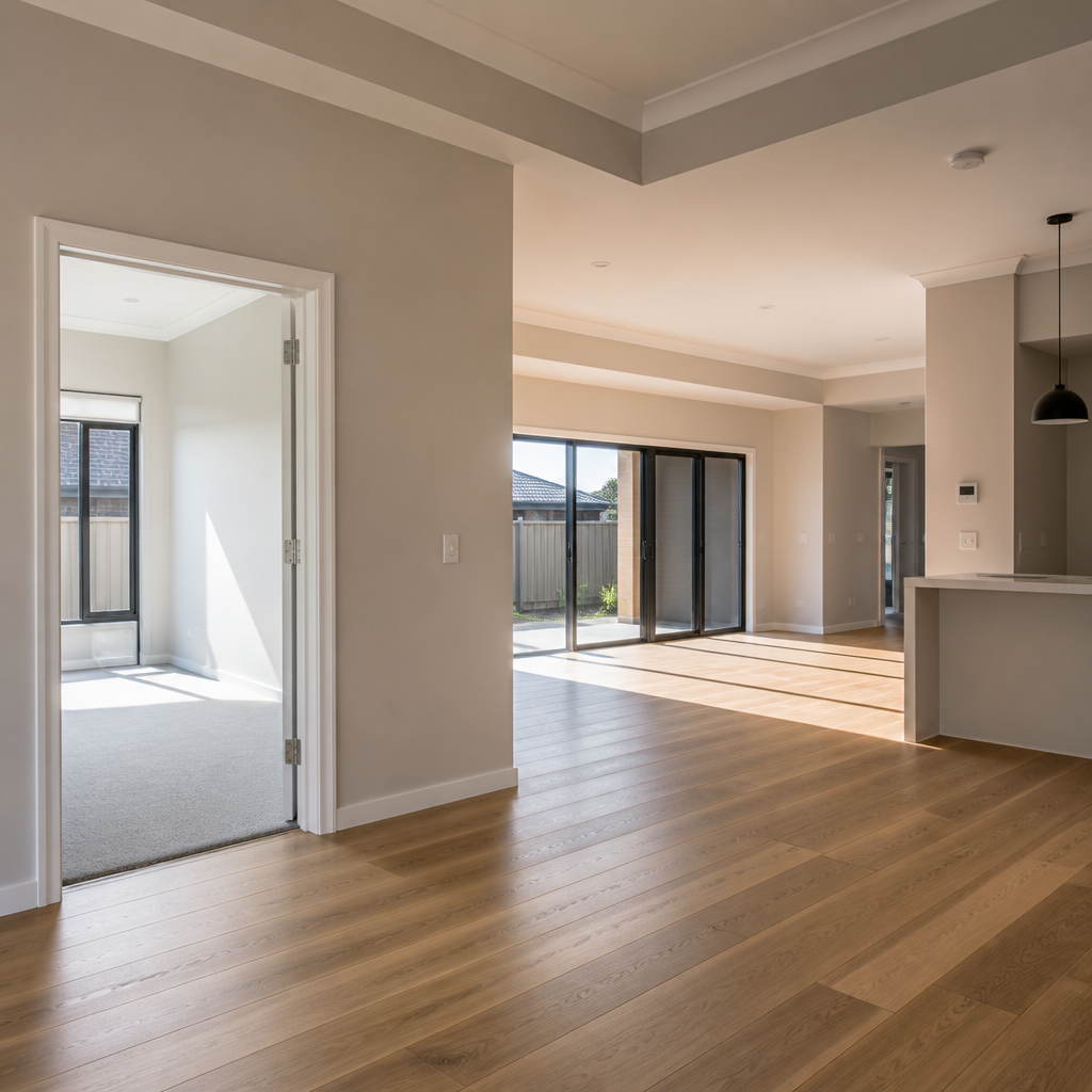 Modern empty home interior with natural lighting highlighting architectural details and finishes