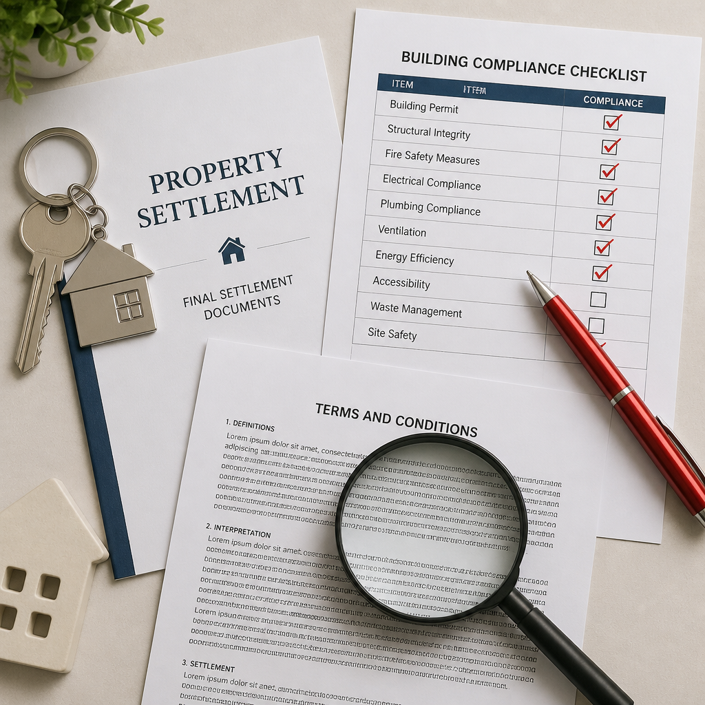 Settlement documents and inspection tools arranged symbolically around a house key