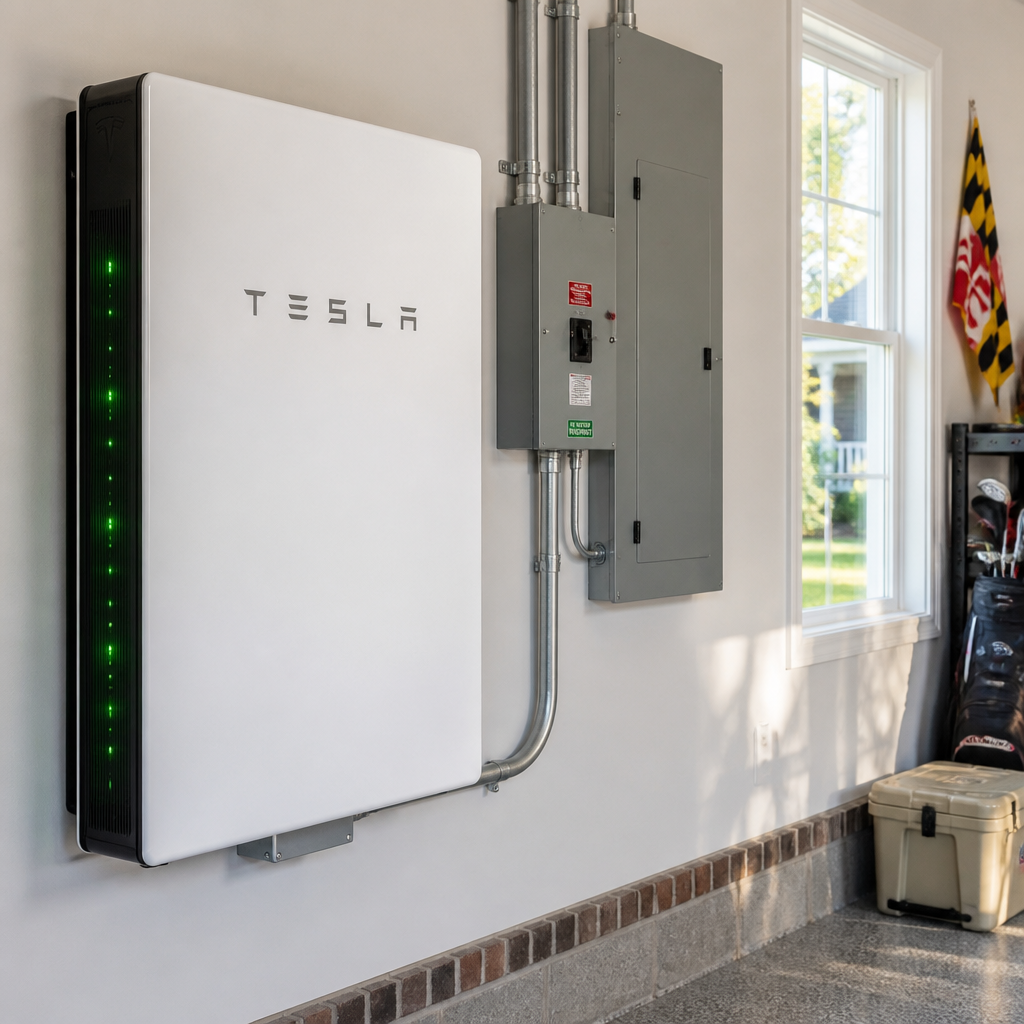 Modern battery storage system installed on garage wall with indicator lights
