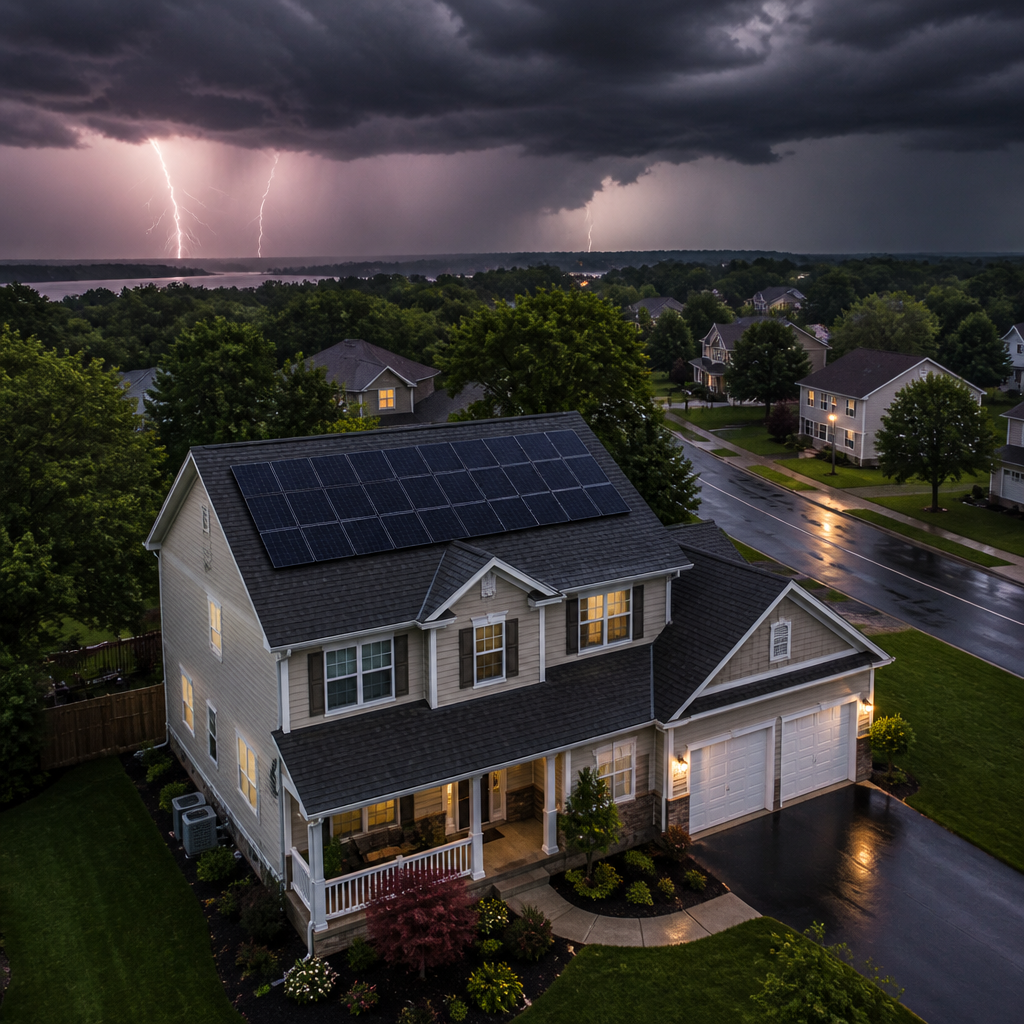 Aerial view of solar-equipped home during approaching thunderstorm