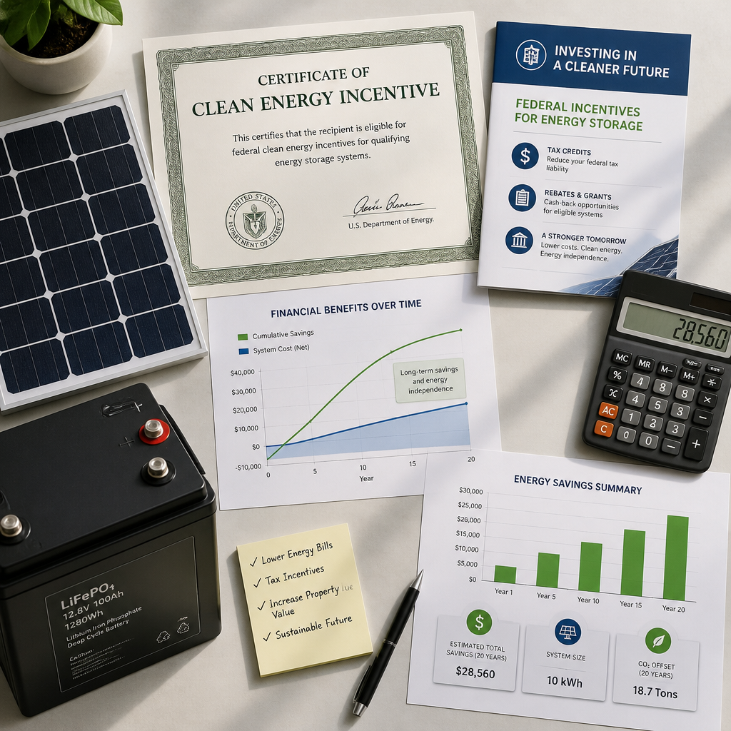 Flat-lay arrangement of solar, battery, and financial incentive materials