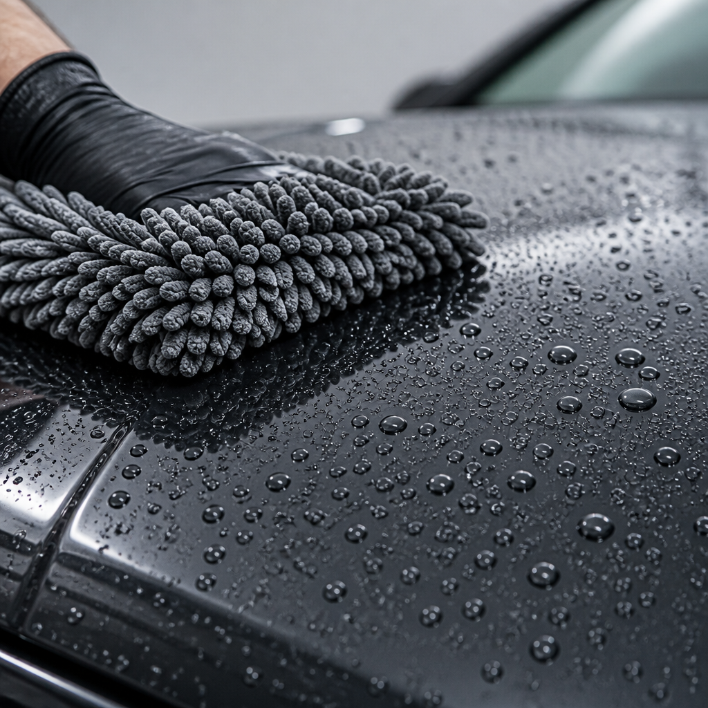 Professional ceramic coating wash technique with microfiber mitt showing water beading effect