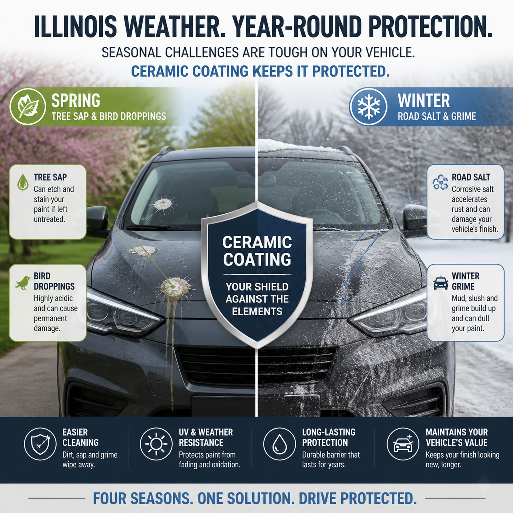 Illinois seasonal ceramic coating threats including tree sap, bird droppings, and road salt