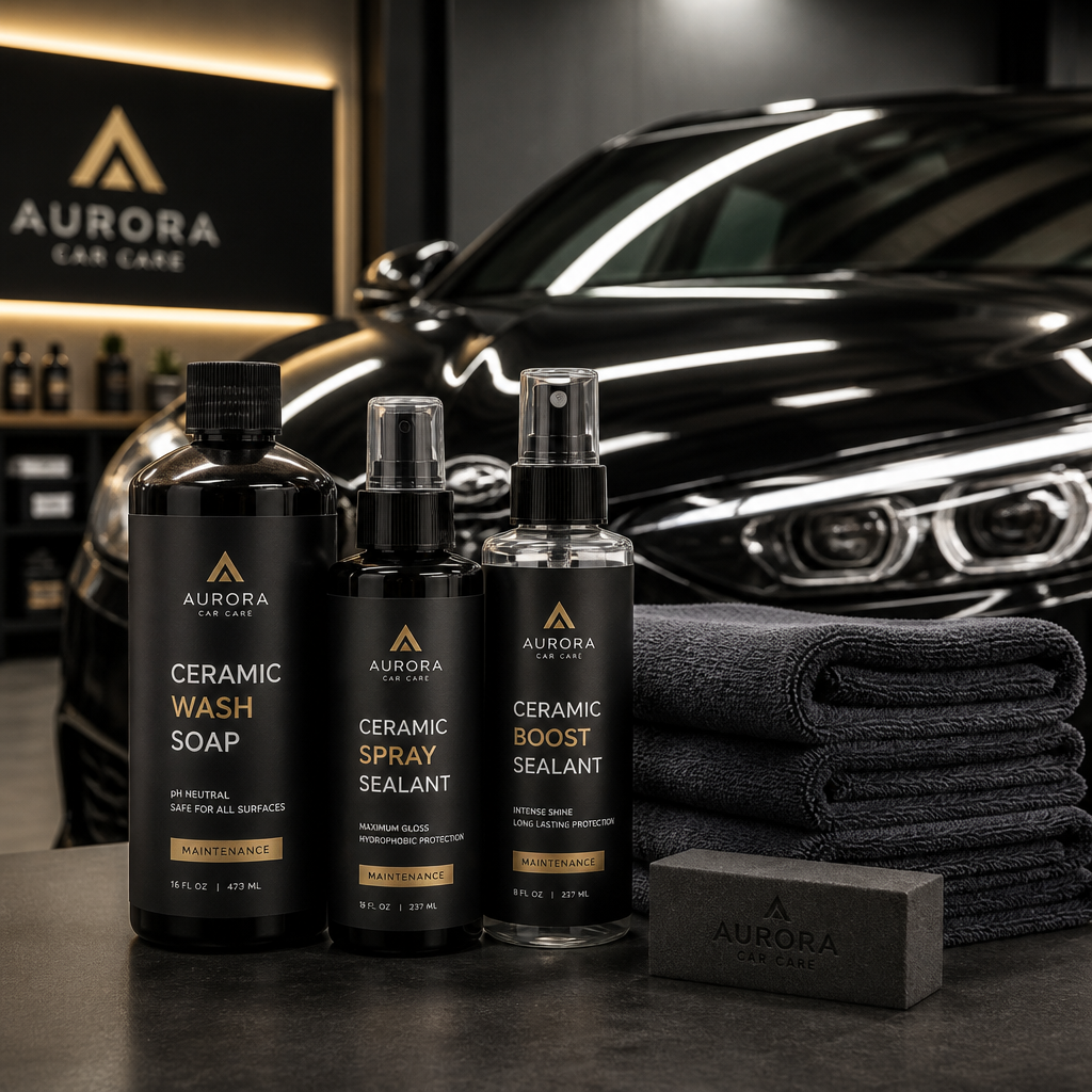 Professional ceramic coating maintenance products and supplies arranged in workspace