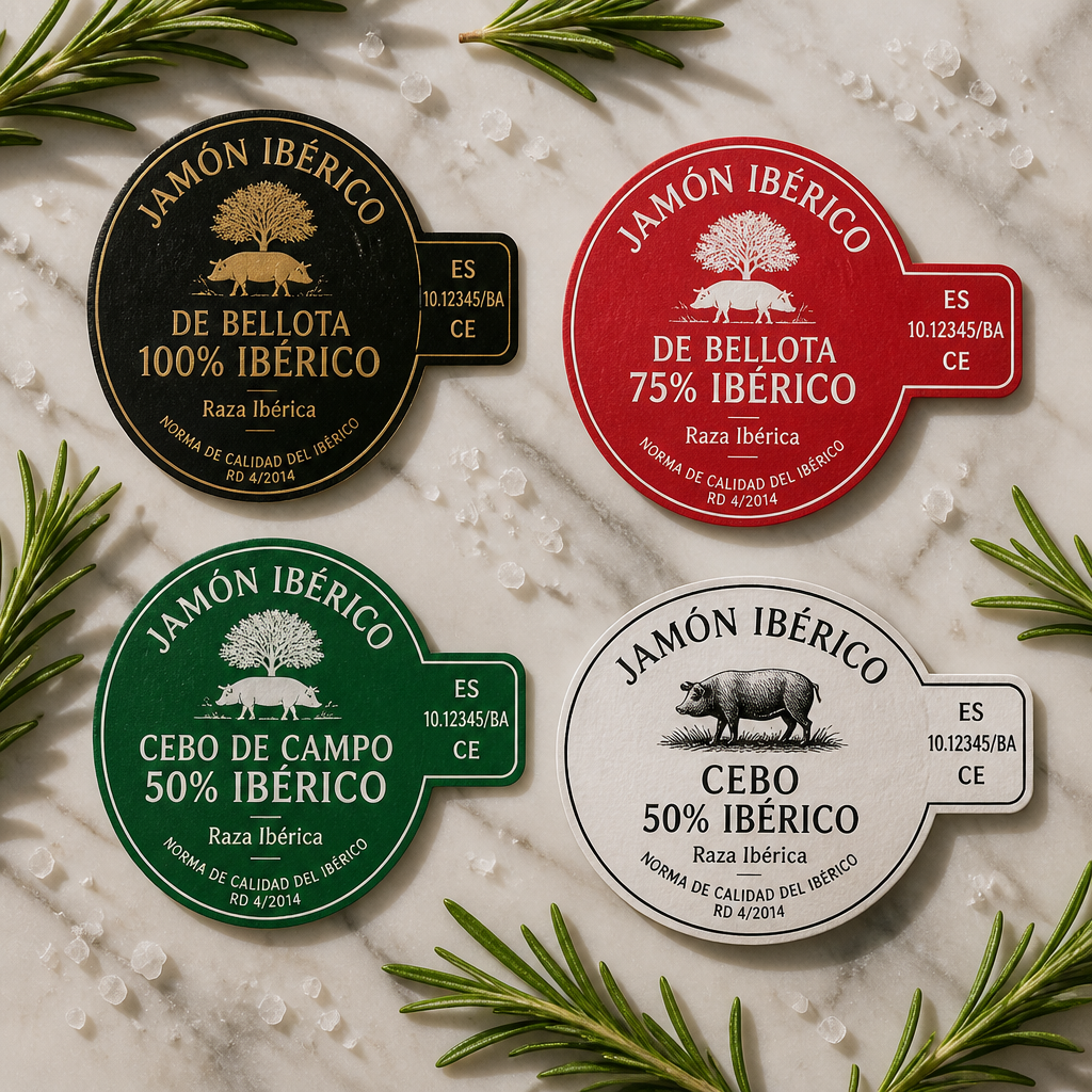 Sellos oficiales de jamón ibérico en colores negro, rojo, verde y blanco sobre superficie de mármol