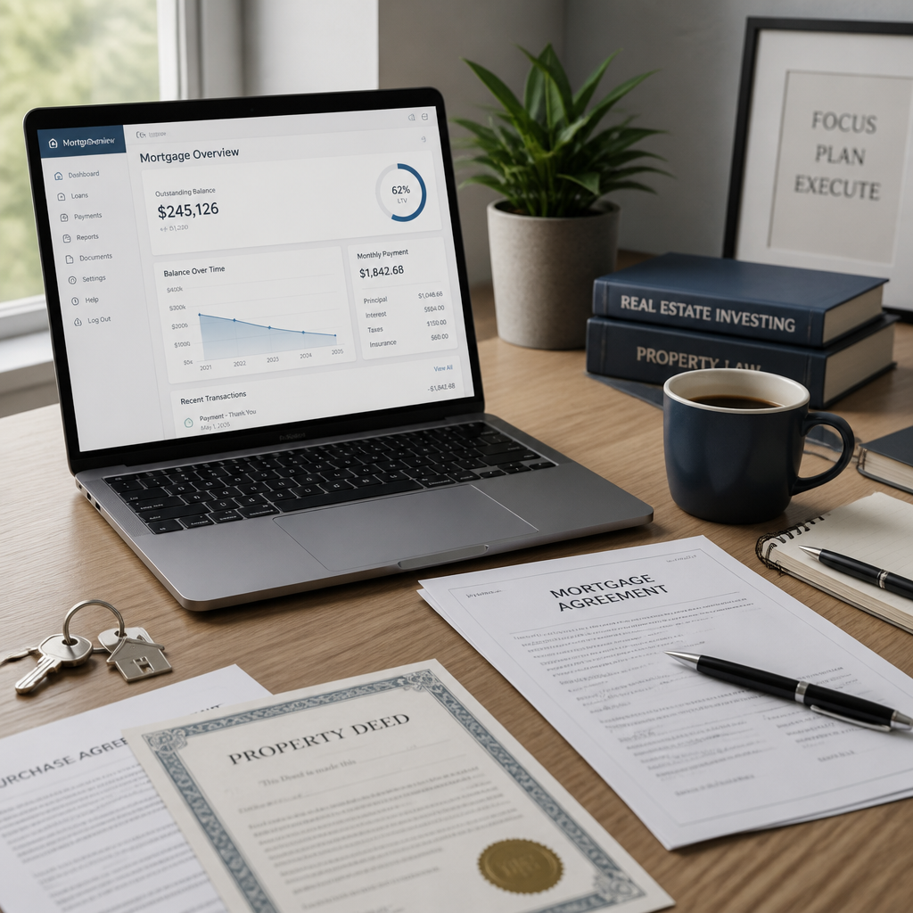 Workspace showing financial documents and property paperwork for mortgage planning