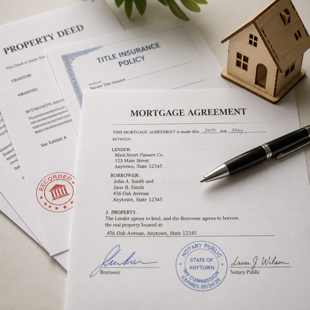 Property documents and mortgage paperwork arranged with pen and house model