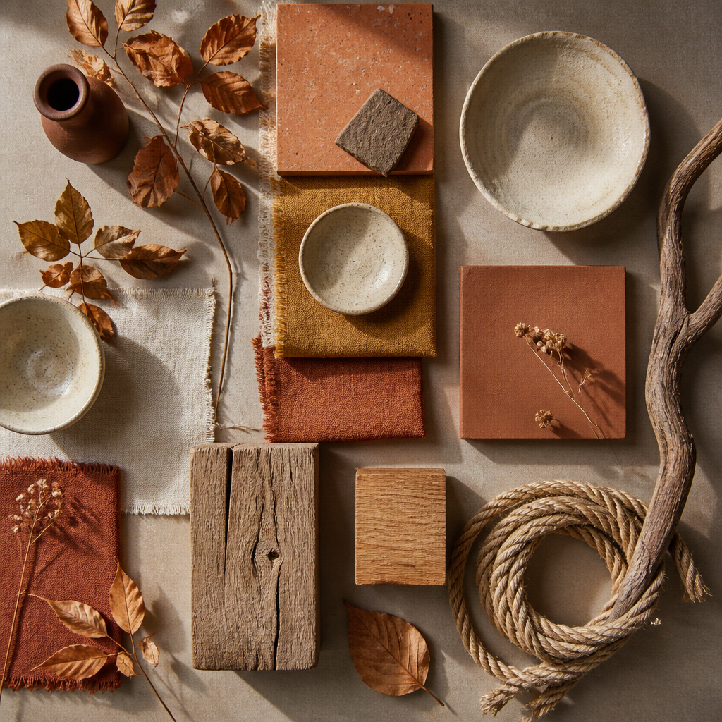 Naturmaterial för höstinredning: trä, terrakotta, keramik och väv i varma toner från ovanifrån