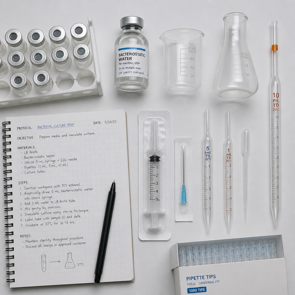 Laboratory equipment and materials laid out for peptide reconstitution