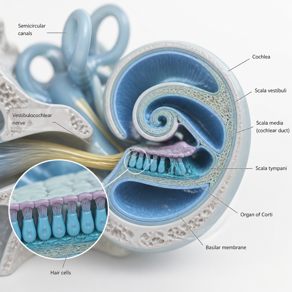 Detailed anatomical illustration of inner ear showing cochlea and hair cells