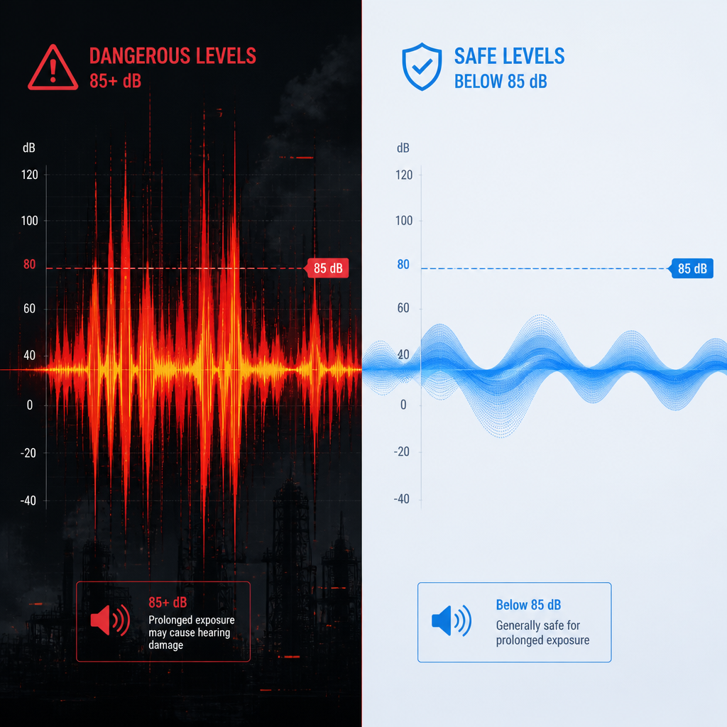 Sound wave visualization comparing dangerous versus safe noise levels