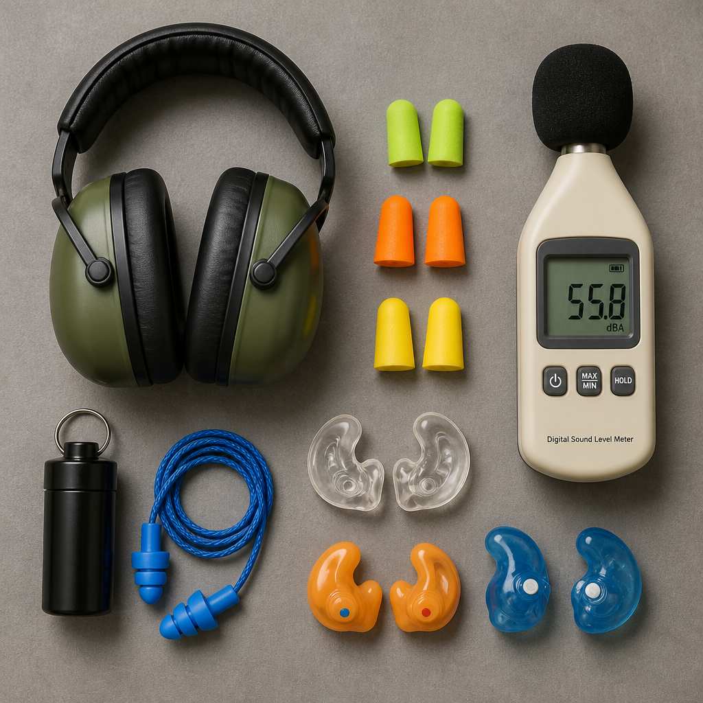 Array of hearing protection devices and earplugs arranged flat lay
