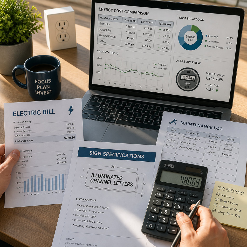 Business owner desk workspace with energy cost analysis documents and calculator for signage decision-making