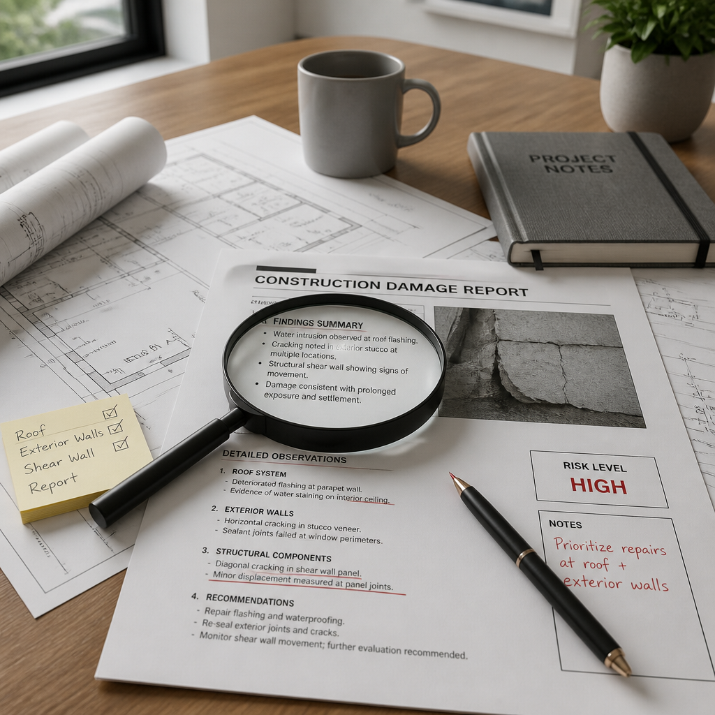 Espace de travail professionnel avec plans de construction et loupe d'examen de rapport d'expertise