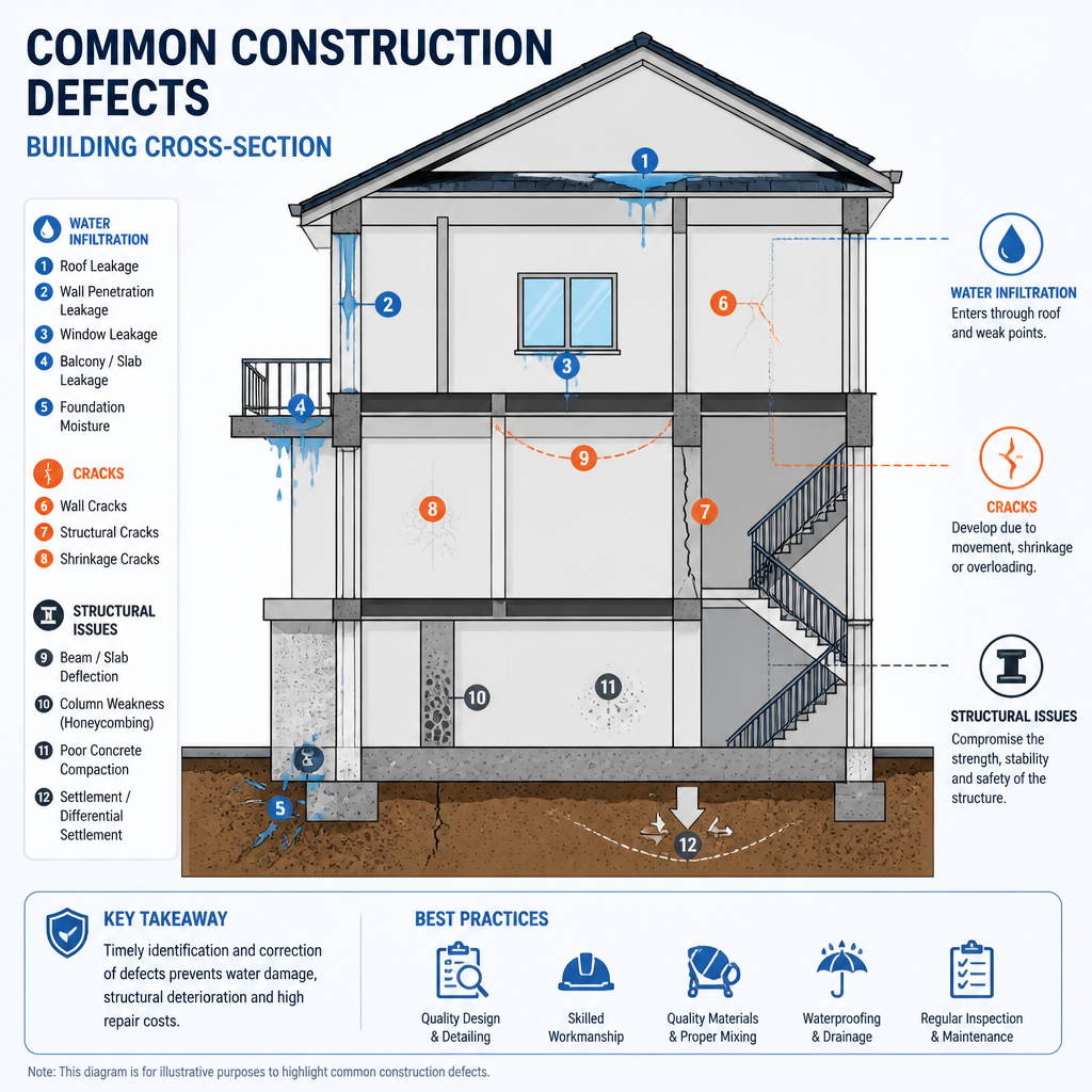 Illustration schématique d'une section de bâtiment montrant les défauts de construction courants