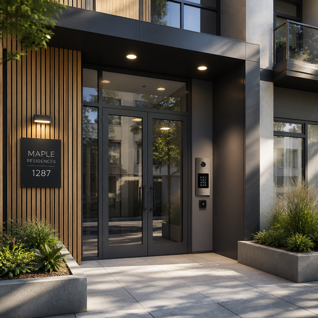 Secure apartment building entrance with modern intercom and access control system