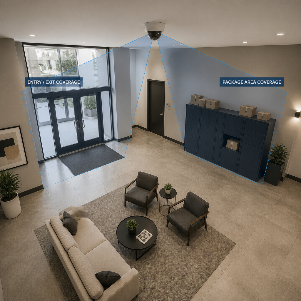 Lobby interior with CCTV camera positioned for complete entry point coverage