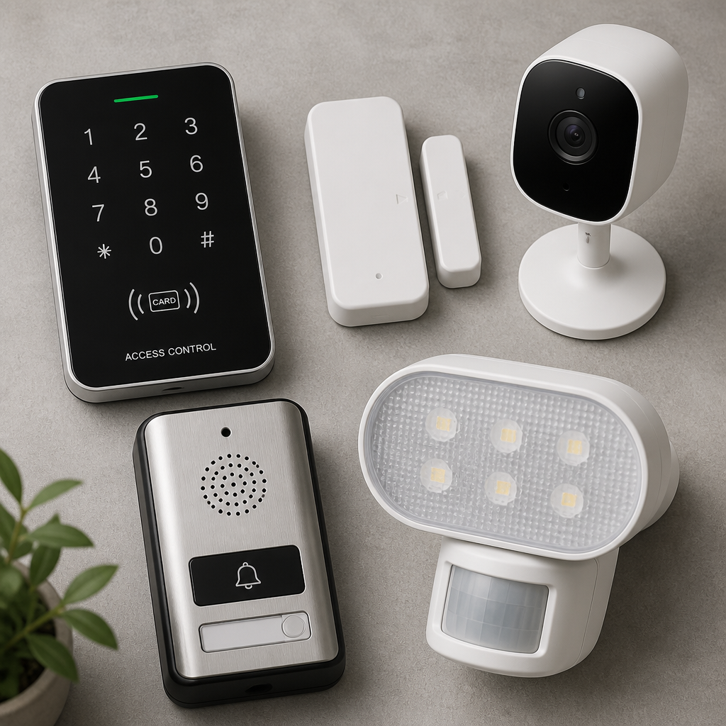 Collection of budget-friendly security components including camera, keypad, and intercom system