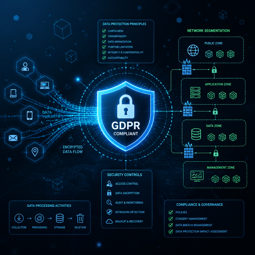 Digital visualisering af netværkssikkerhed, GDPR-compliance og datasikkerhed med symboler for beskyttet data