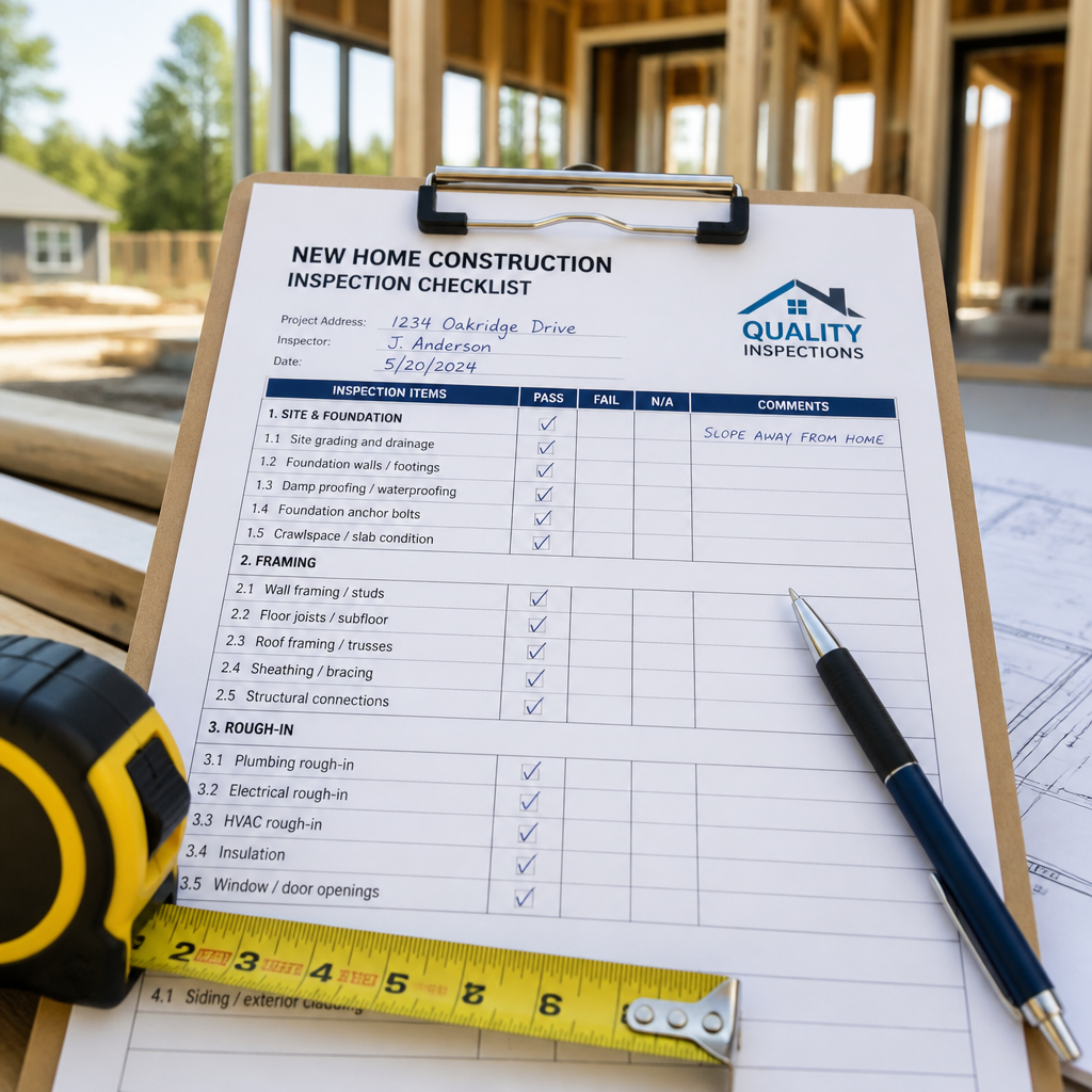 Professional inspection checklist and tools on a clipboard at a new home construction site