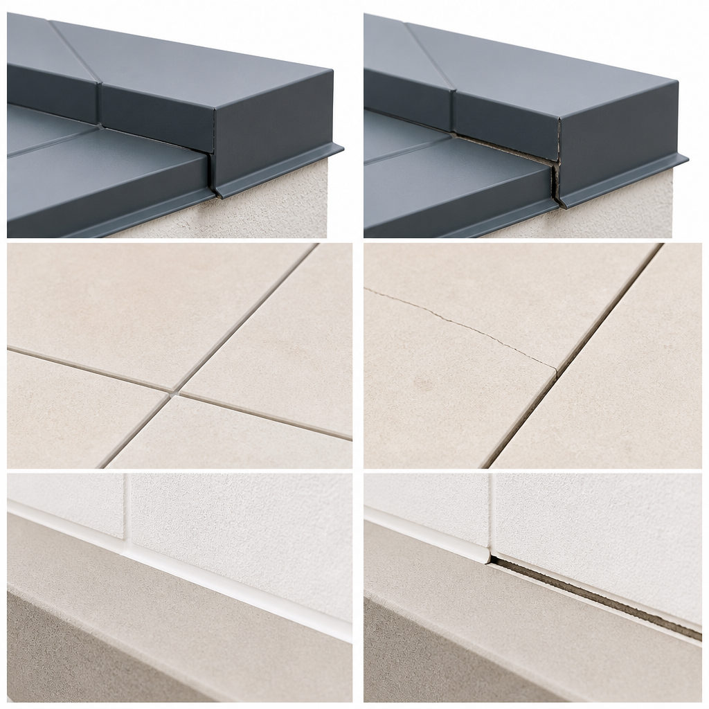 Side-by-side visual comparison of quality construction versus common defects in home finishing