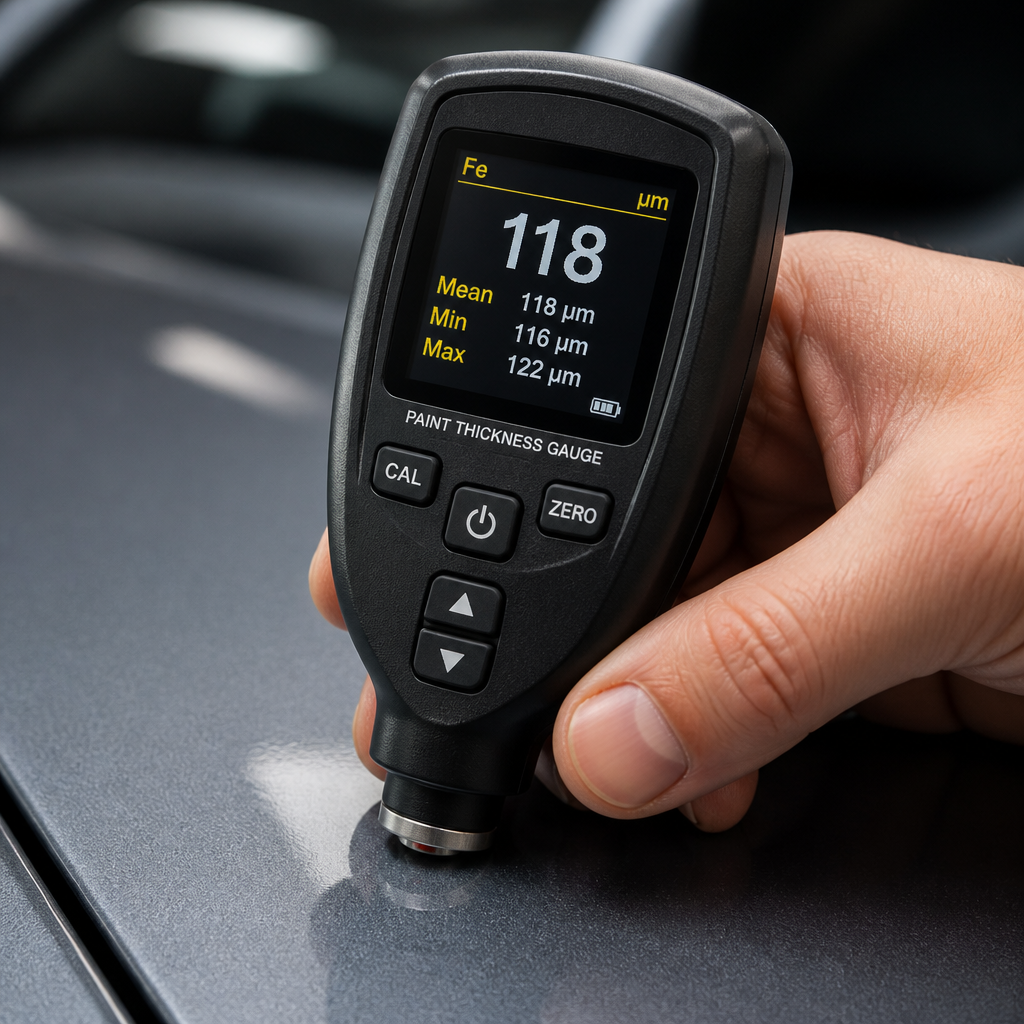 Paint thickness gauge displaying micron measurements on vehicle panel
