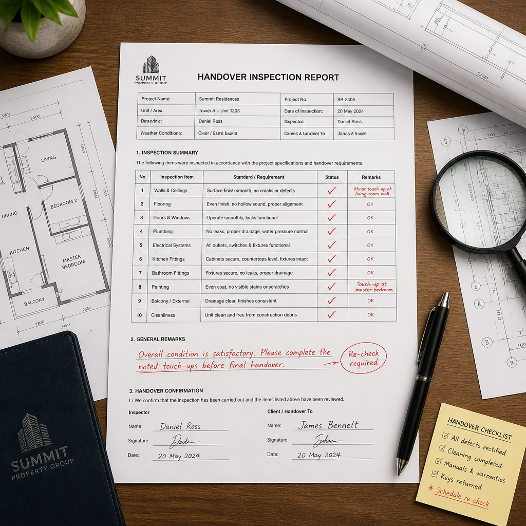 Handover inspection report document with annotations and construction blueprints on desk