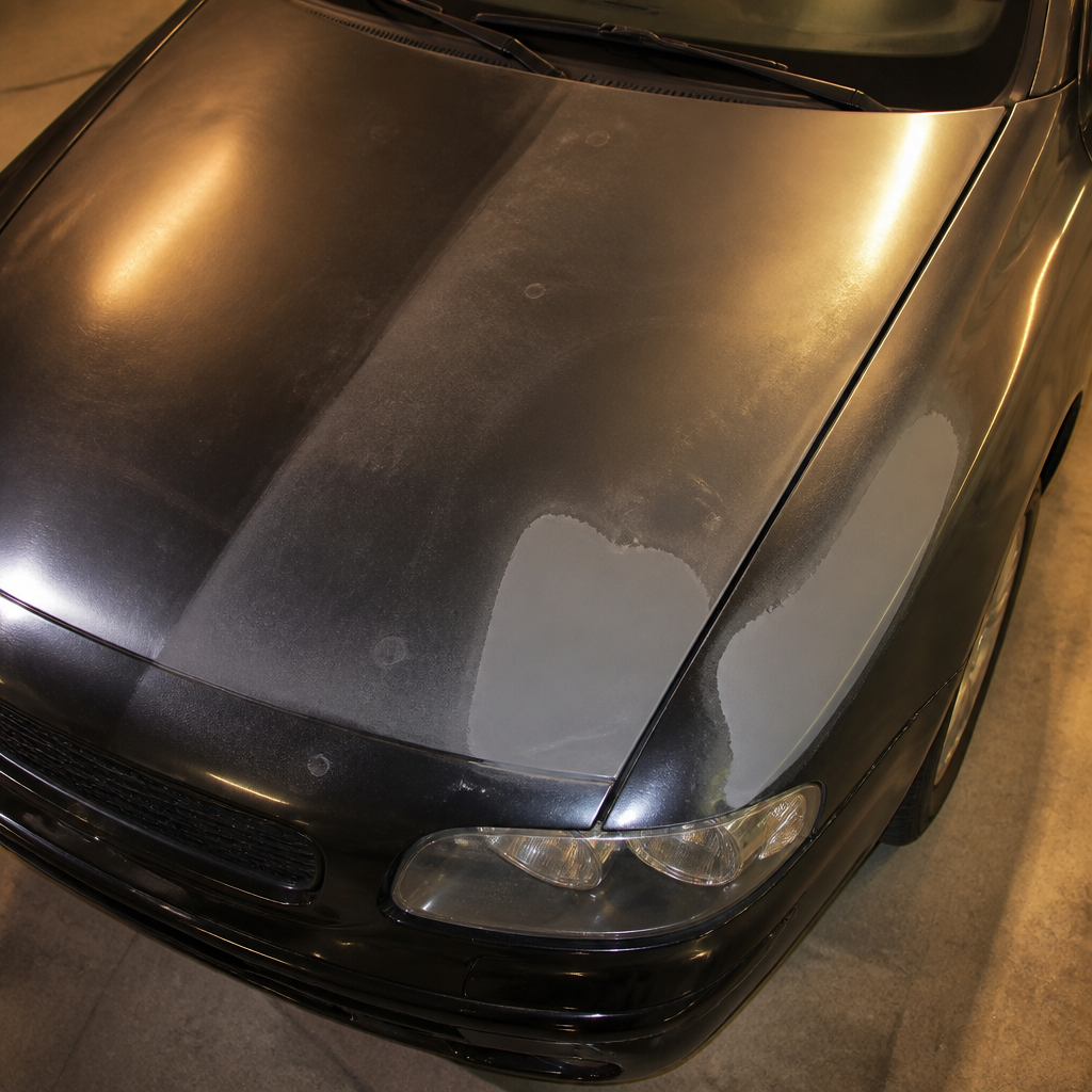 Vehicle panels under studio lighting showing paint finish variations