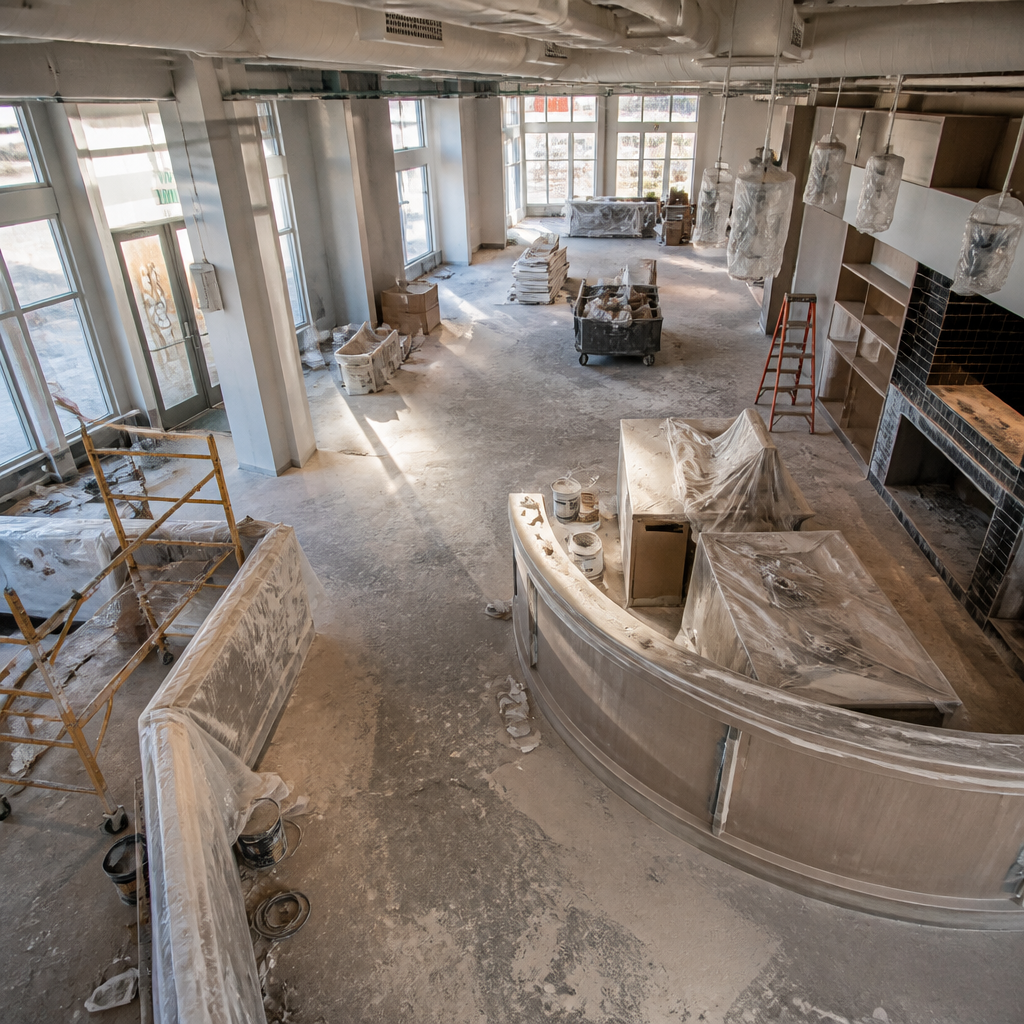 Construction site aftermath showing dust and debris before final cleaning